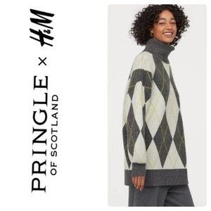 Pringle of Scotland x H&M Grey Oversized Wool Argyle Turtleneck Sweater Size Med